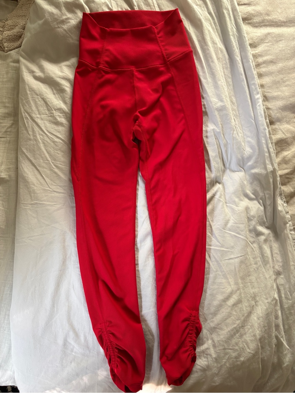 High-Waist Red Women’s Leggings with Ruched Ankles